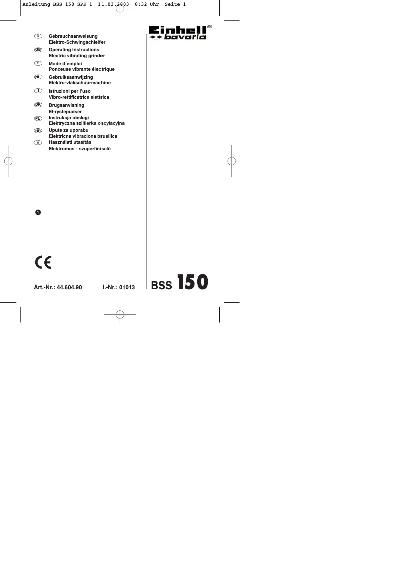 Page 1 de la notice Manuel utilisateur Einhell Bavaria BSS 150