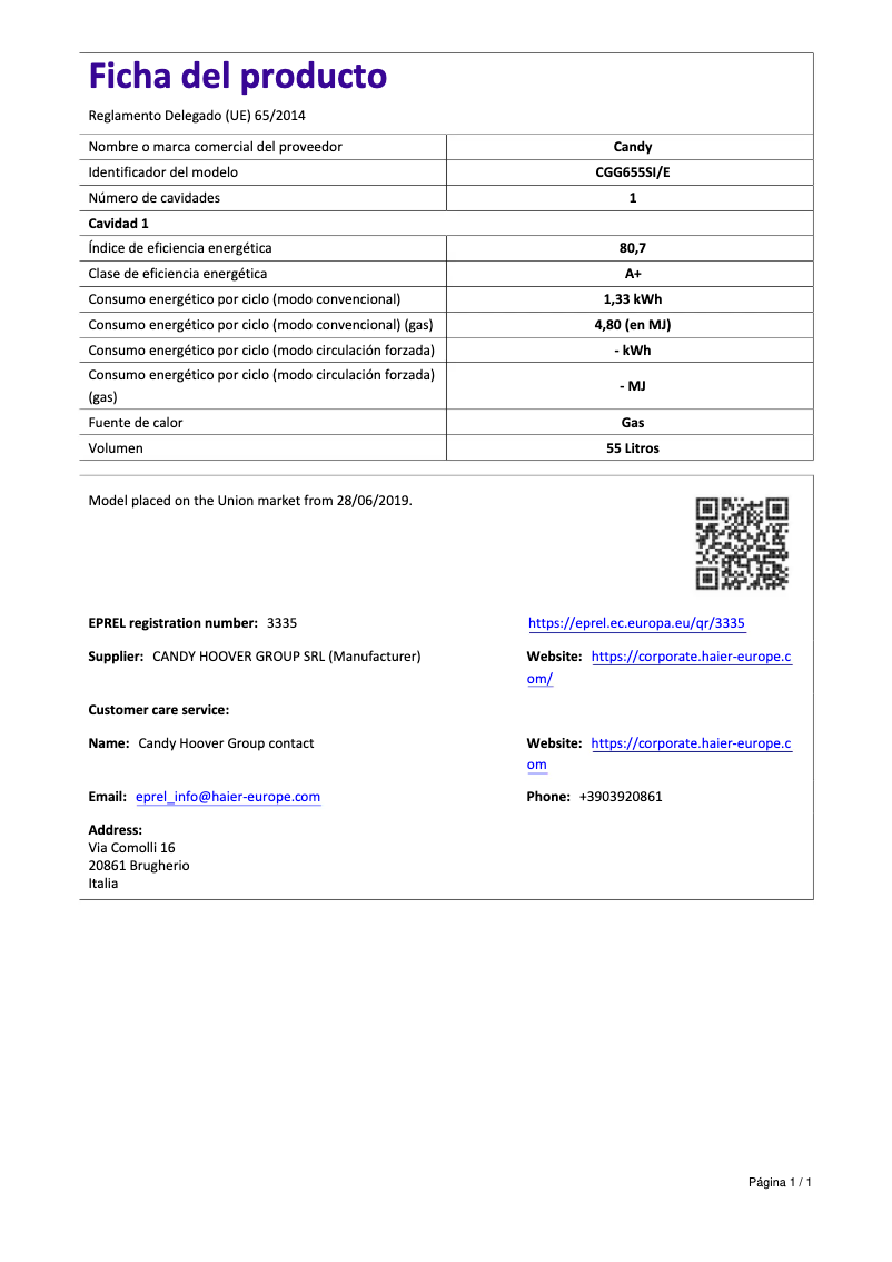 Page 1 de la notice Fiche technique Candy CGG655SI/E