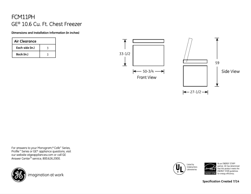 Page 1 de la notice Fiche technique GE FCM11PHWW