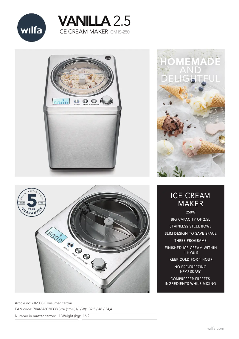 Page 1 de la notice Fiche technique Wilfa Vanilla 2.5 ICM1S-250