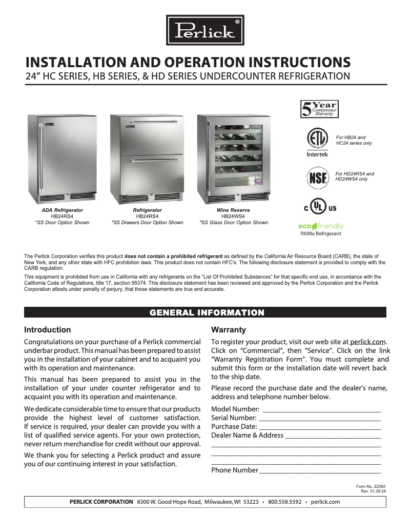 Page n°1 - Manuel utilisateur Perlick HD24RS