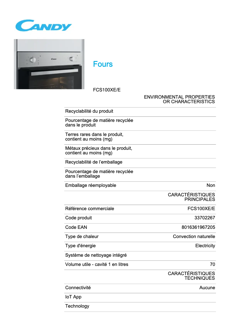 Page 1 de la notice Fiche technique Candy FCS100XE/E