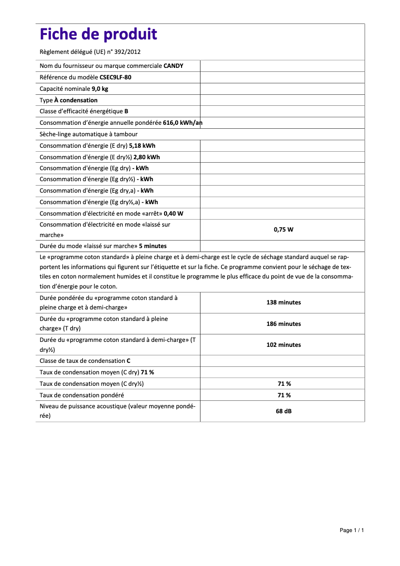 Page 1 de la notice Fiche technique Candy CSEC9LF-80