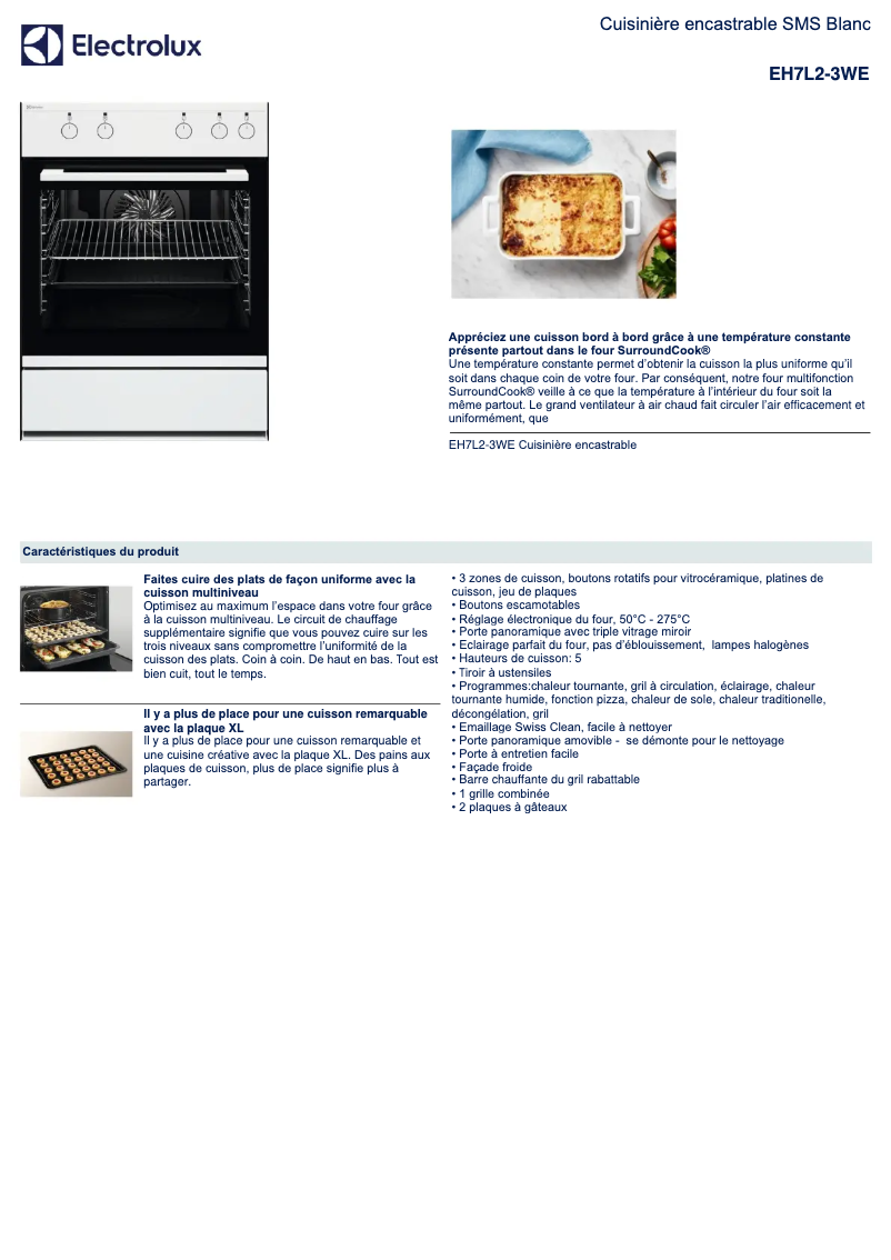 Page 1 de la notice Fiche technique Electrolux EH7L2-3WE