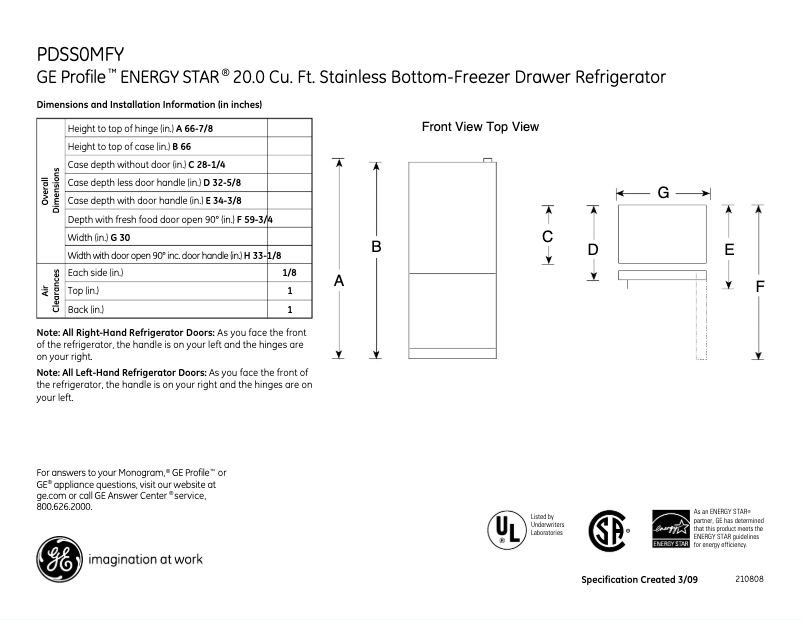 Página 1 del manual Ficha técnica GE Profile PDSS0MFYRSS