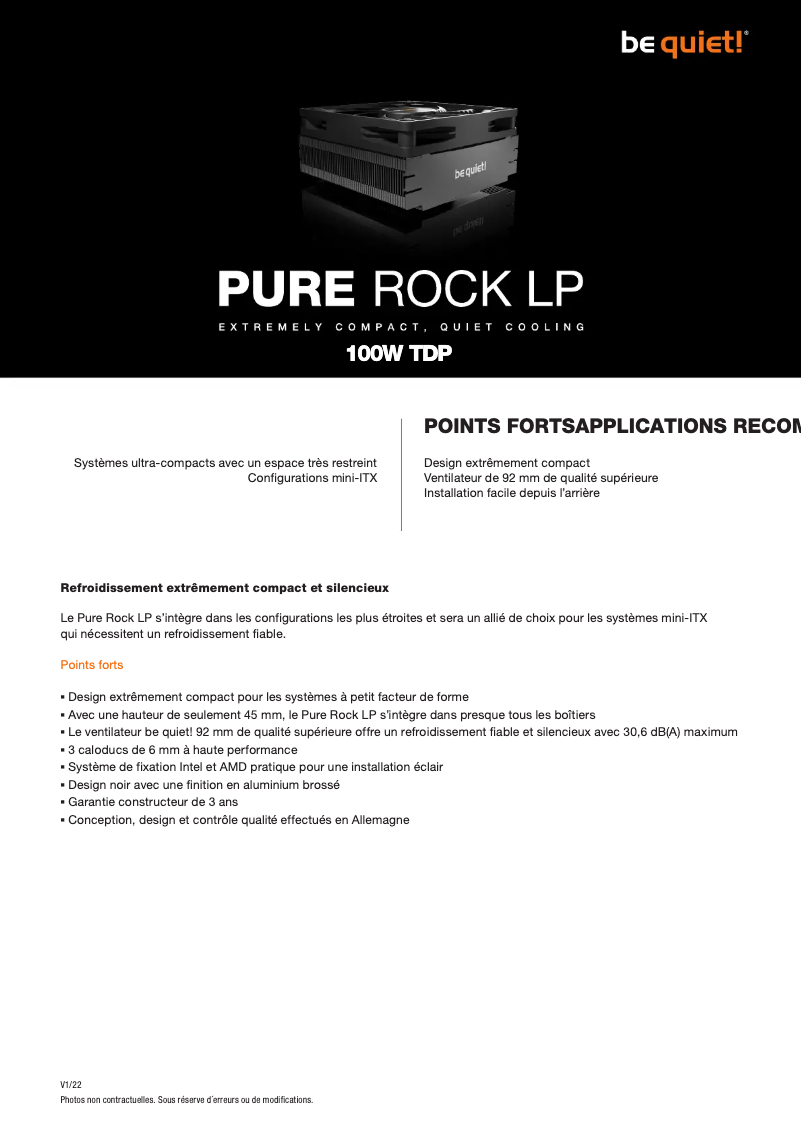 Page 1 de la notice Fiche technique Be Quiet! Pure Rock LP