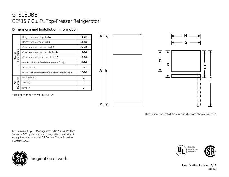 Page 1 de la notice Fiche technique GE GTS16DBERCC