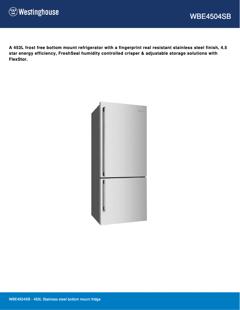 Page 1 de la notice Fiche technique Westinghouse WBE4504SB