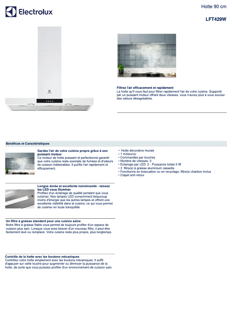 Page 1 de la notice Fiche technique Electrolux LFT429W