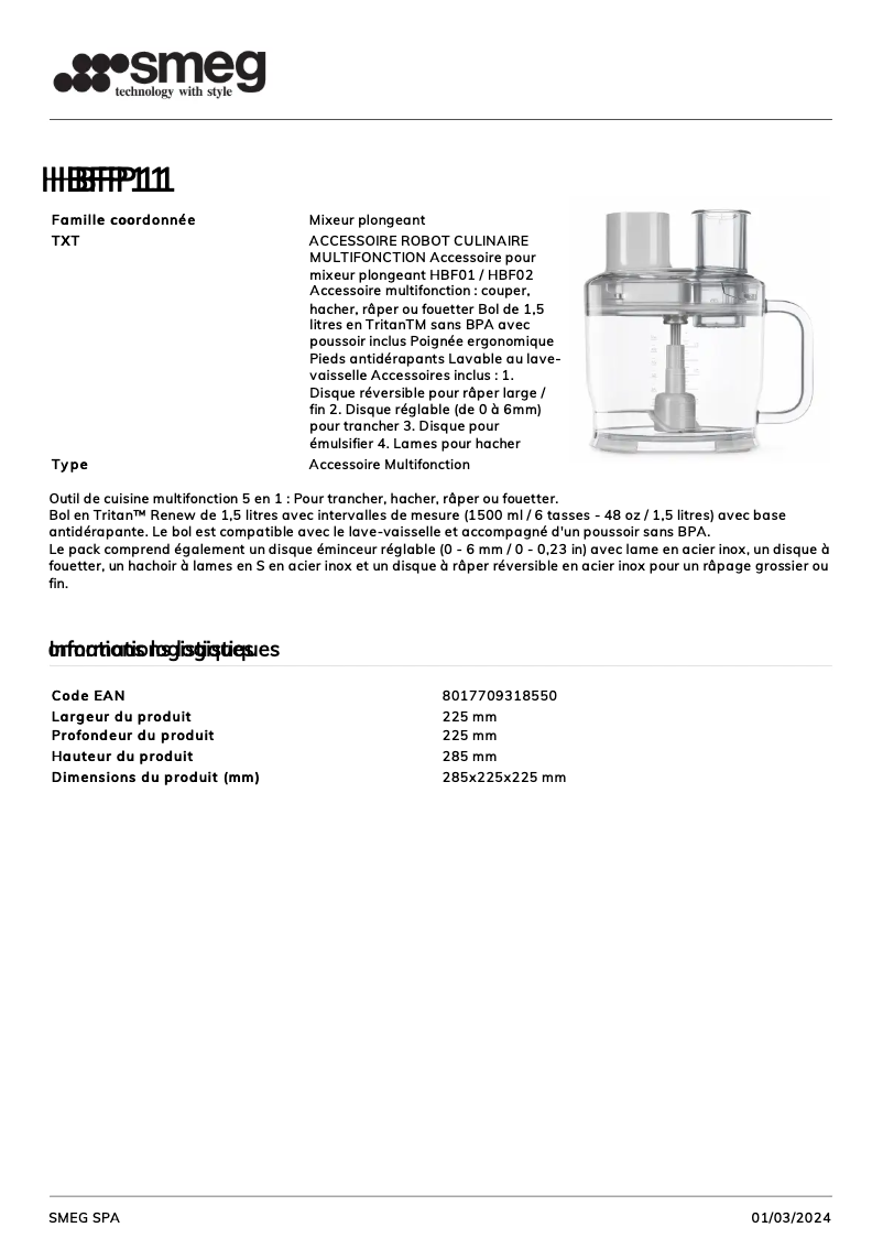 Page n°1 - Fiche technique Smeg HBFP11