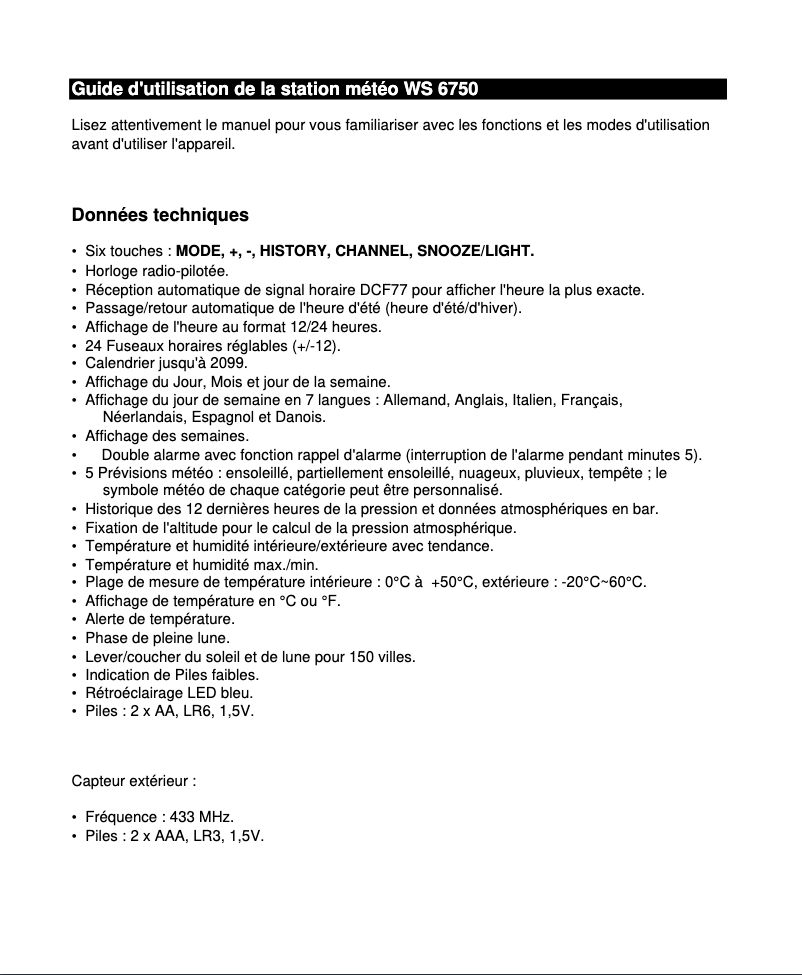 Page 1 de la notice Manuel utilisateur Techno Line WS 6750