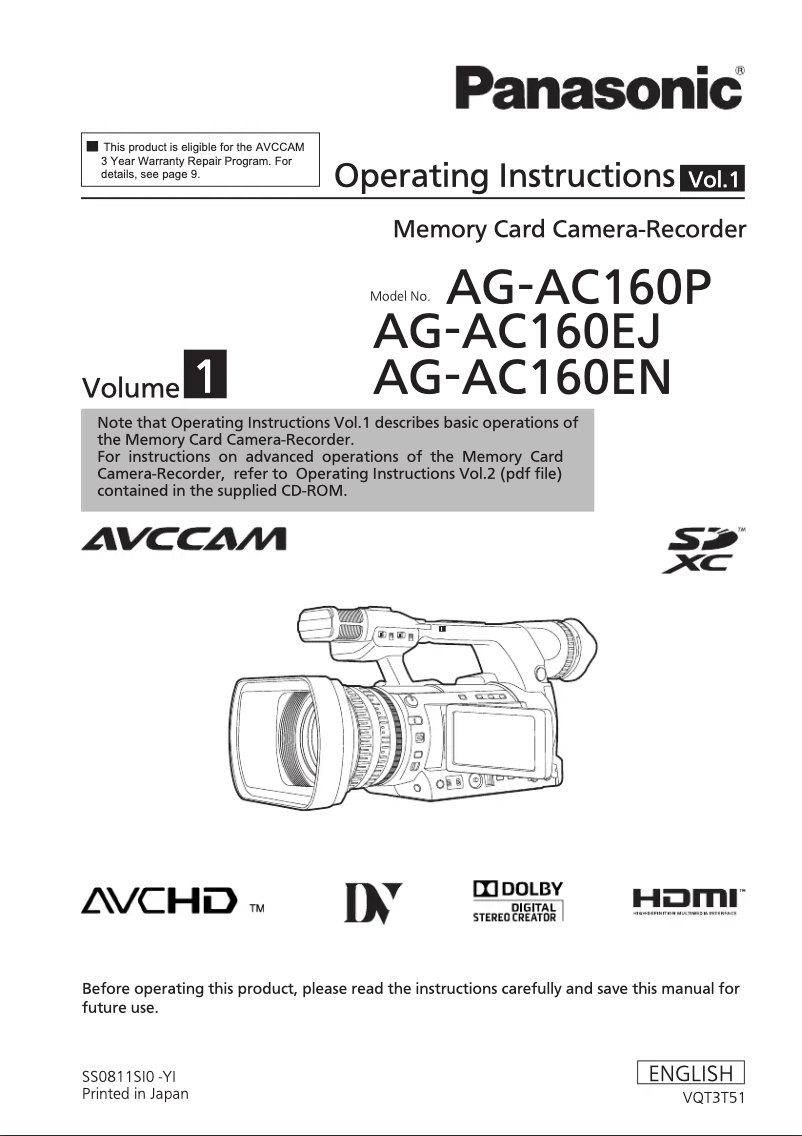 Page 1 de la notice Manuel utilisateur Panasonic AVCCAM AG-AC160
