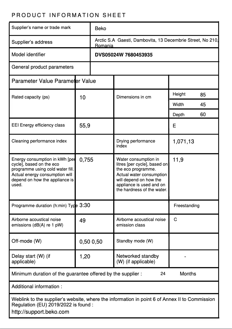 Page n°1 - Fiche technique Beko DVS05024W