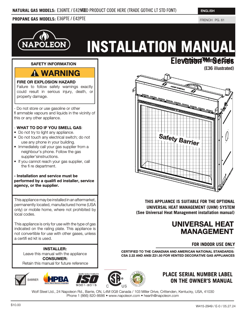 Página 1 del manual Manual de usuario Napoleon Elevation 42