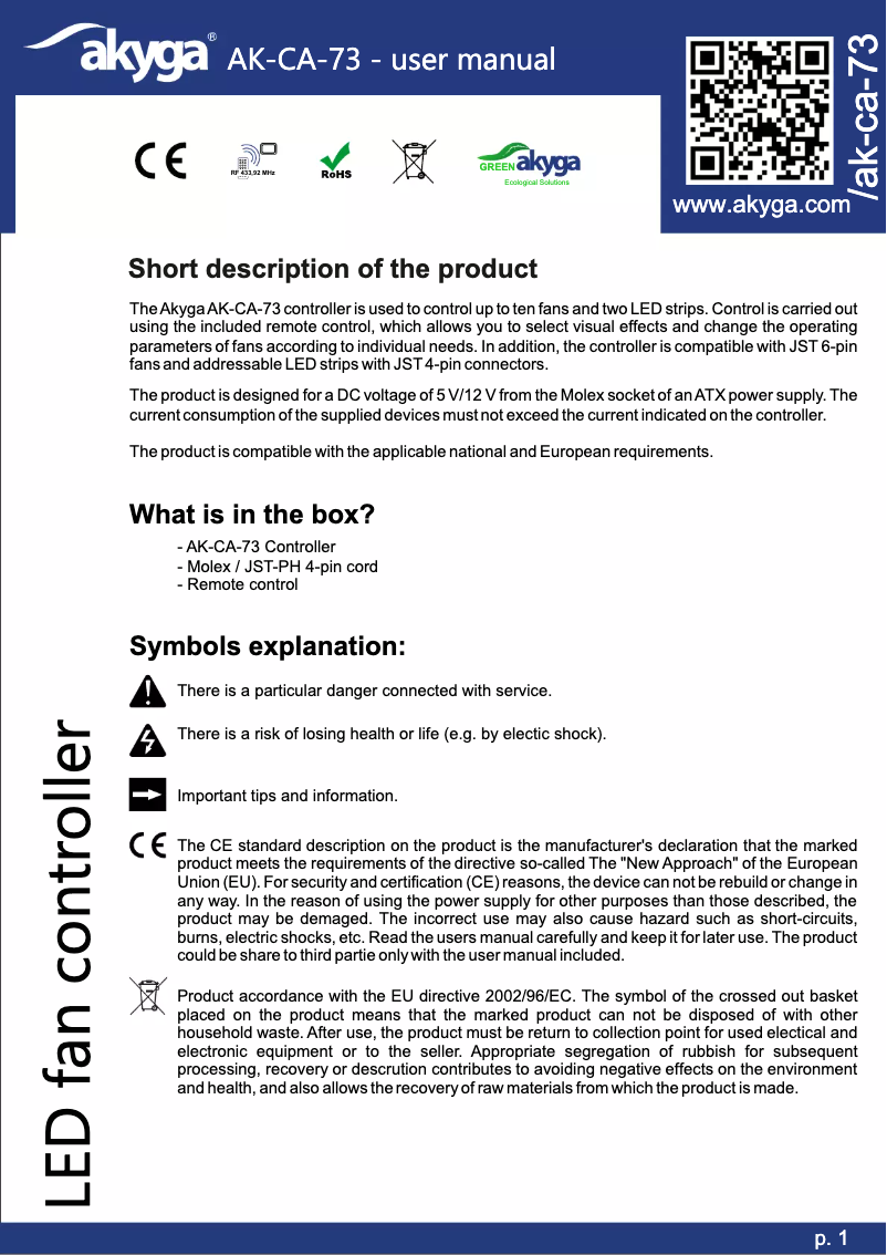 Page n°1 - Manuel utilisateur Akyga AK-CA-73