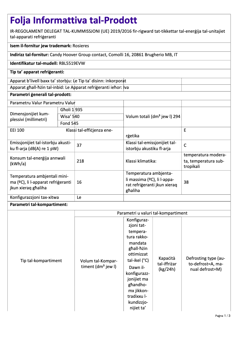 Page 1 de la notice Fiche technique Rosieres RBL5519EVW