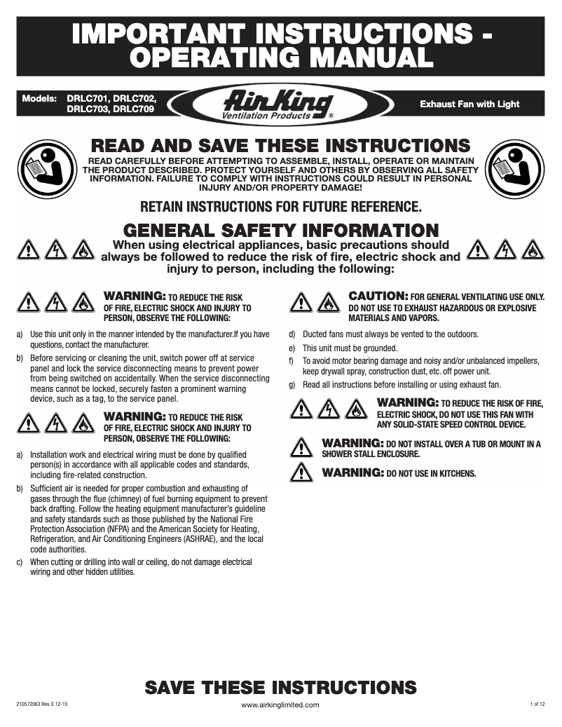 Page n°1 - Manuel utilisateur Air King DRLC702