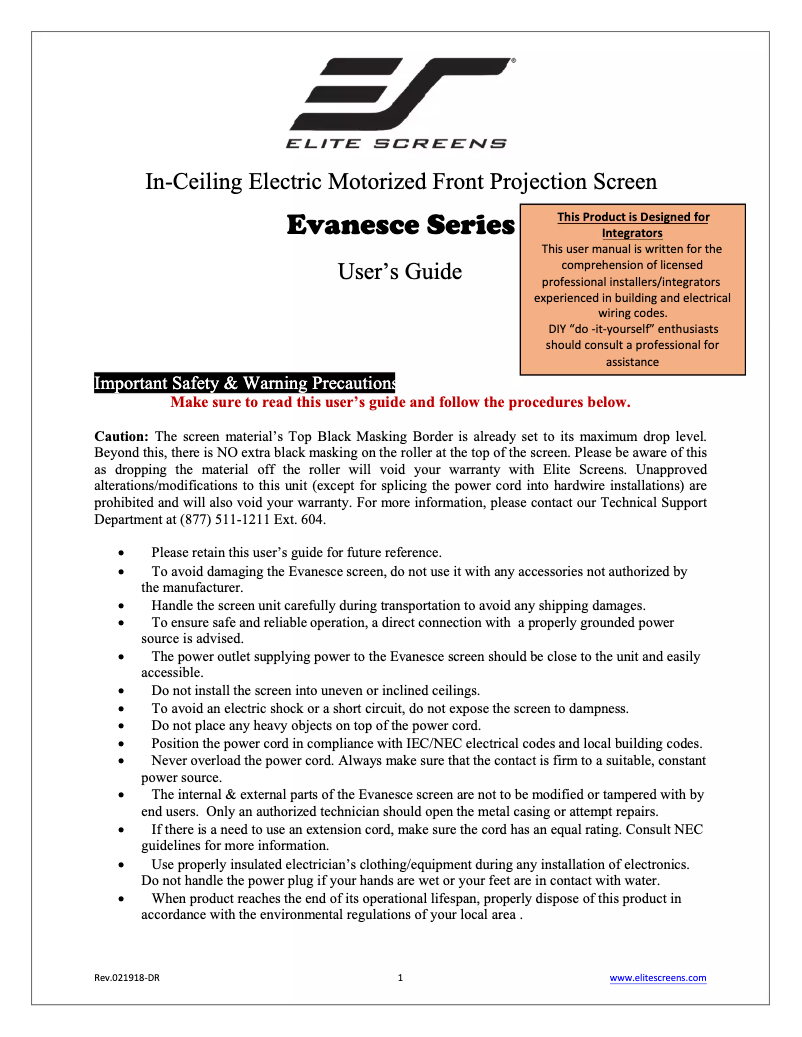 Página 1 del manual Manual de usuario Elite Screens Evanesce IHome 126