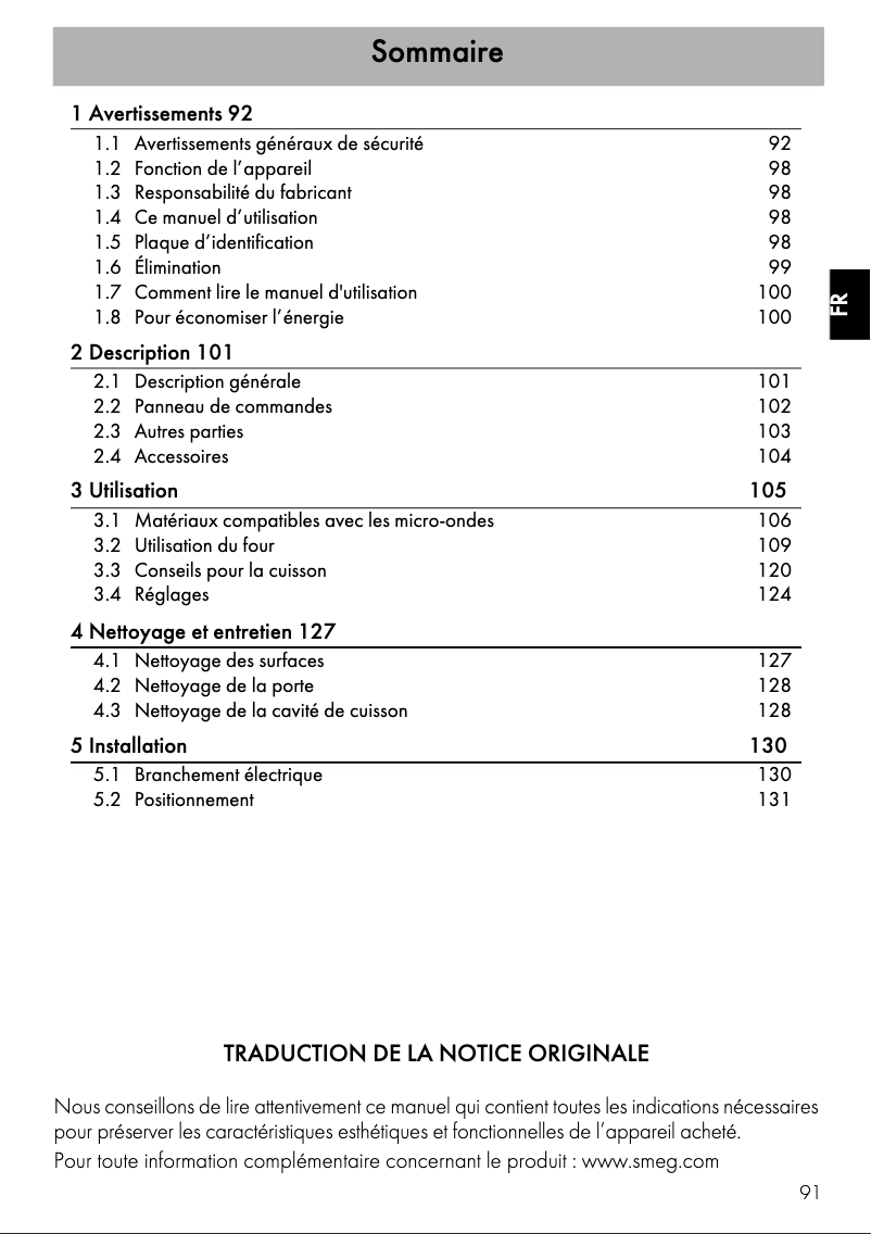 Page 1 de la notice Manuel utilisateur Smeg SF4301MX