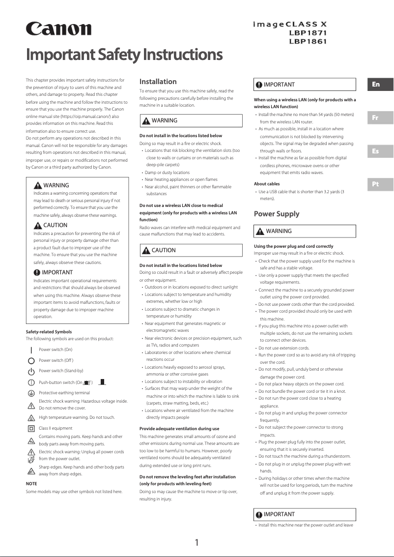 Page 1 de la notice Manuel utilisateur Canon imageCLASS X LBP1861