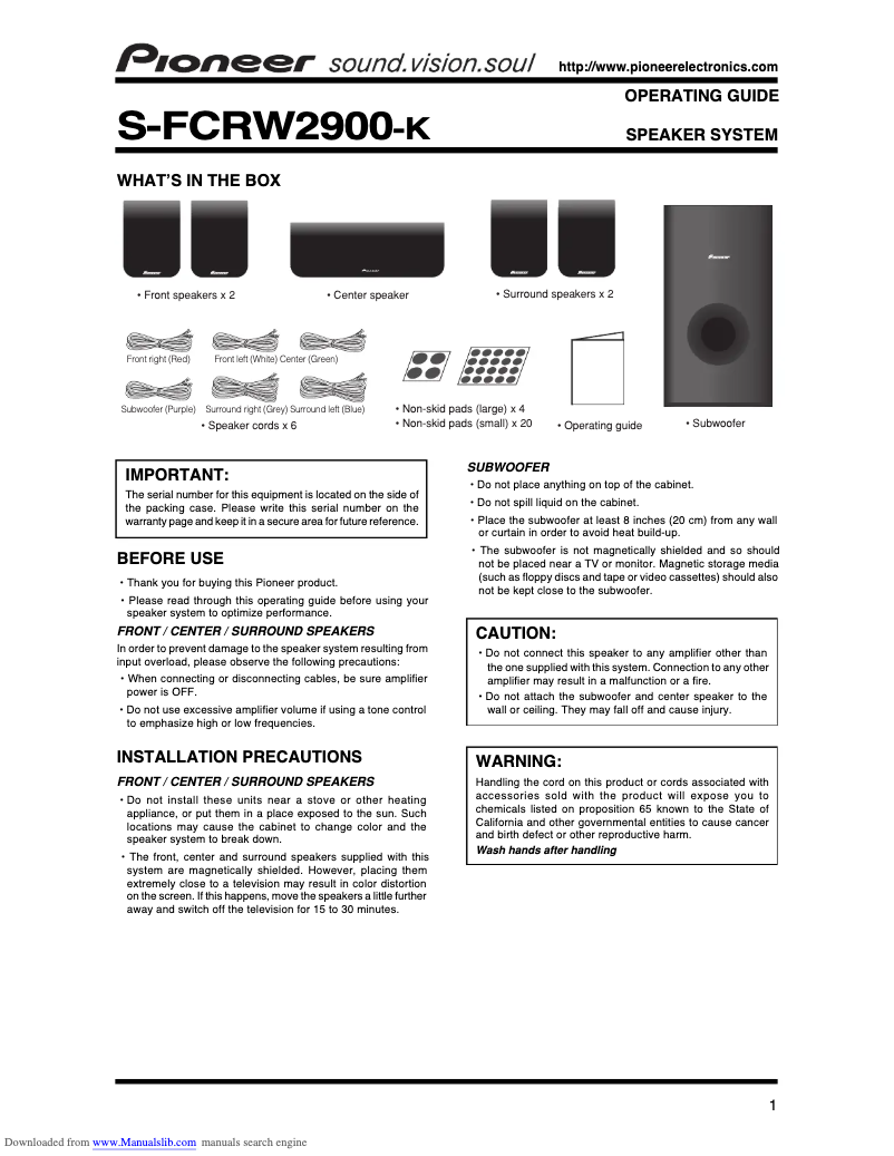 Page n°1 - Manuel utilisateur Pioneer S-FCRW2900 -K
