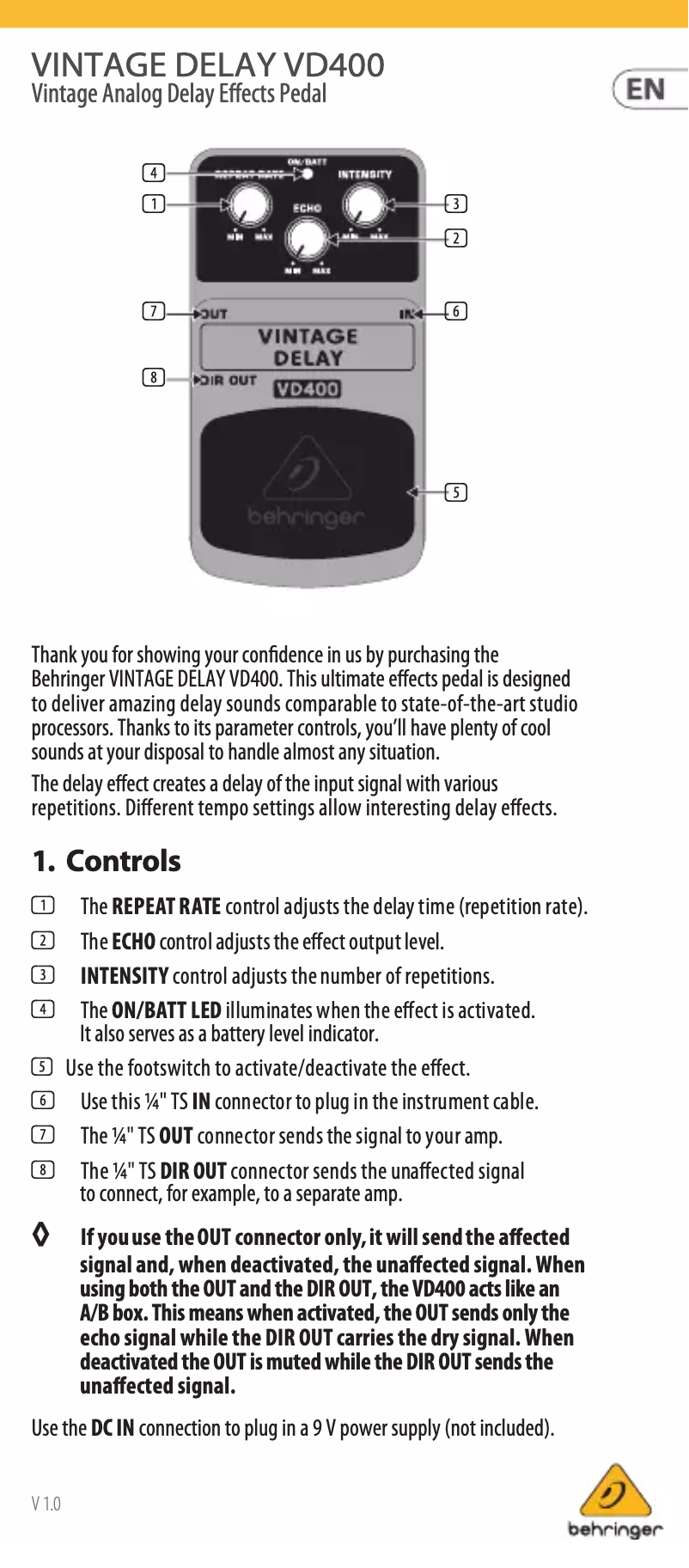 Image de la première page du manuel de l'appareil Vintage Delay VD400
