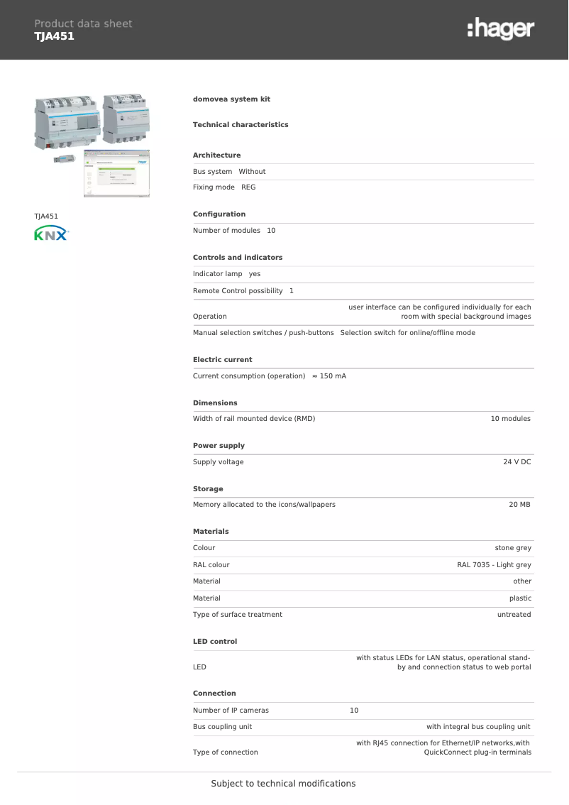 Page n°1 - Fiche technique Hager TJA451