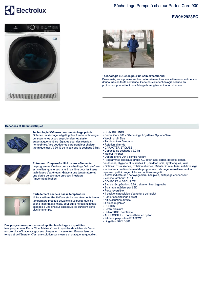 Page 1 de la notice Fiche technique Electrolux EW9H2923PC