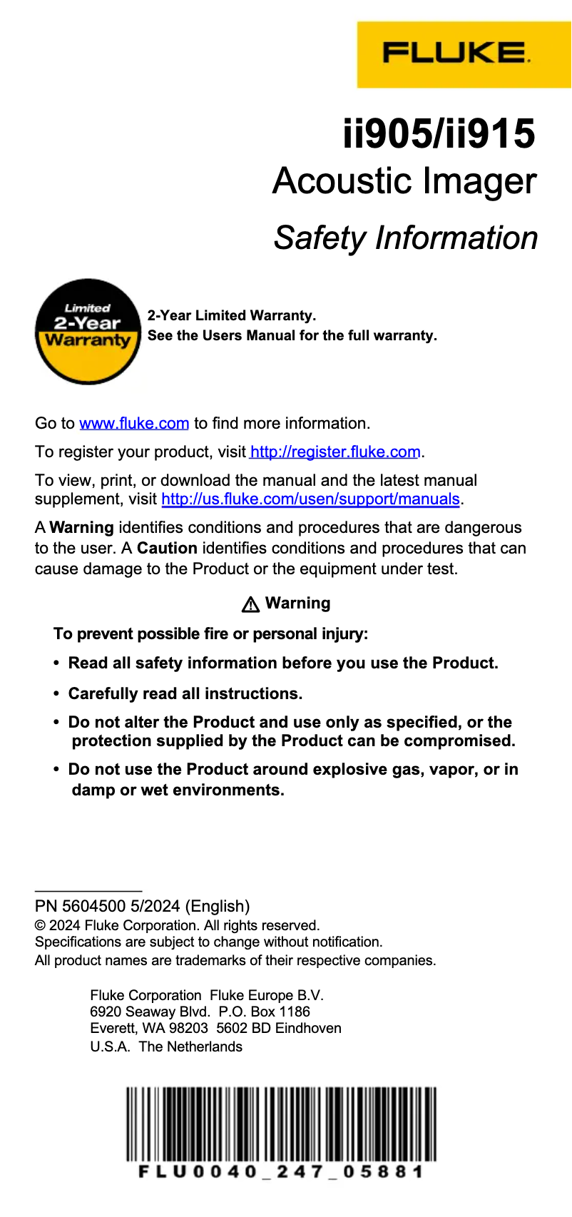 Page 1 de la notice Instructions de sécurité Fluke ii905