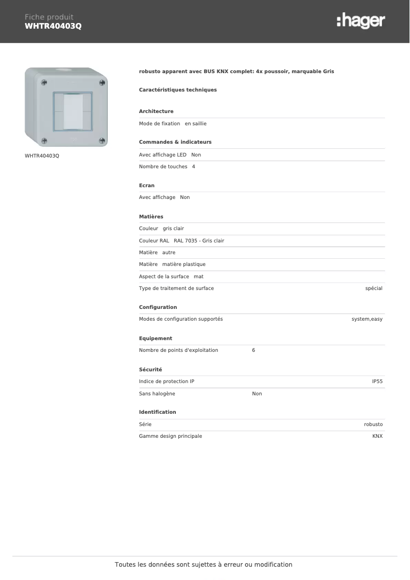 Page n°1 - Fiche technique Hager WHTR40403Q