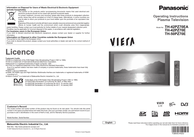 Page 1 de la notice Manuel utilisateur Panasonic Viera TH-50PZ70E