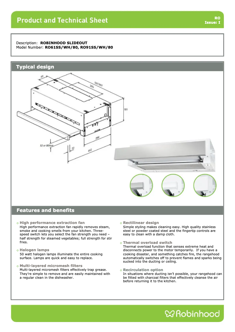 Page 1 de la notice Fiche technique Robinhood RO91SS/WH/80