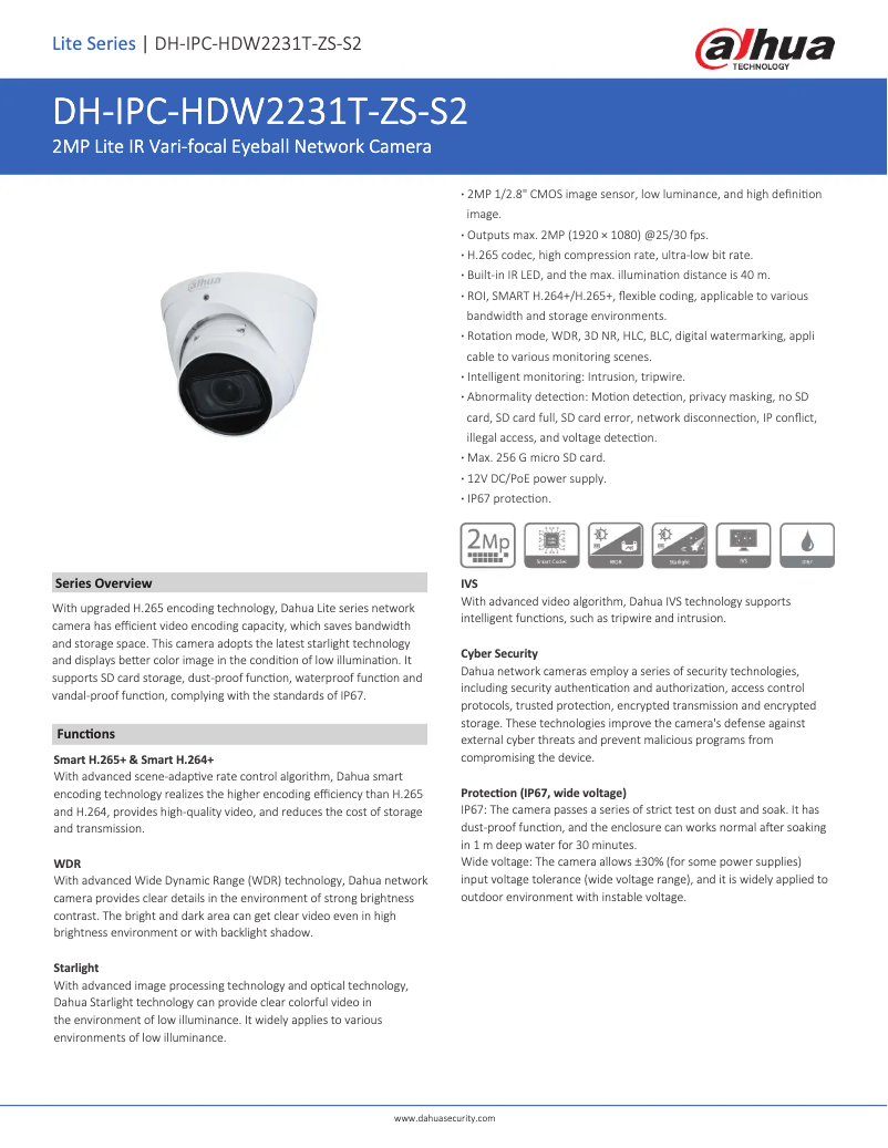 Page n°1 - Fiche technique Dahua Technology Lite IPC-HDW2231T-ZS-S2