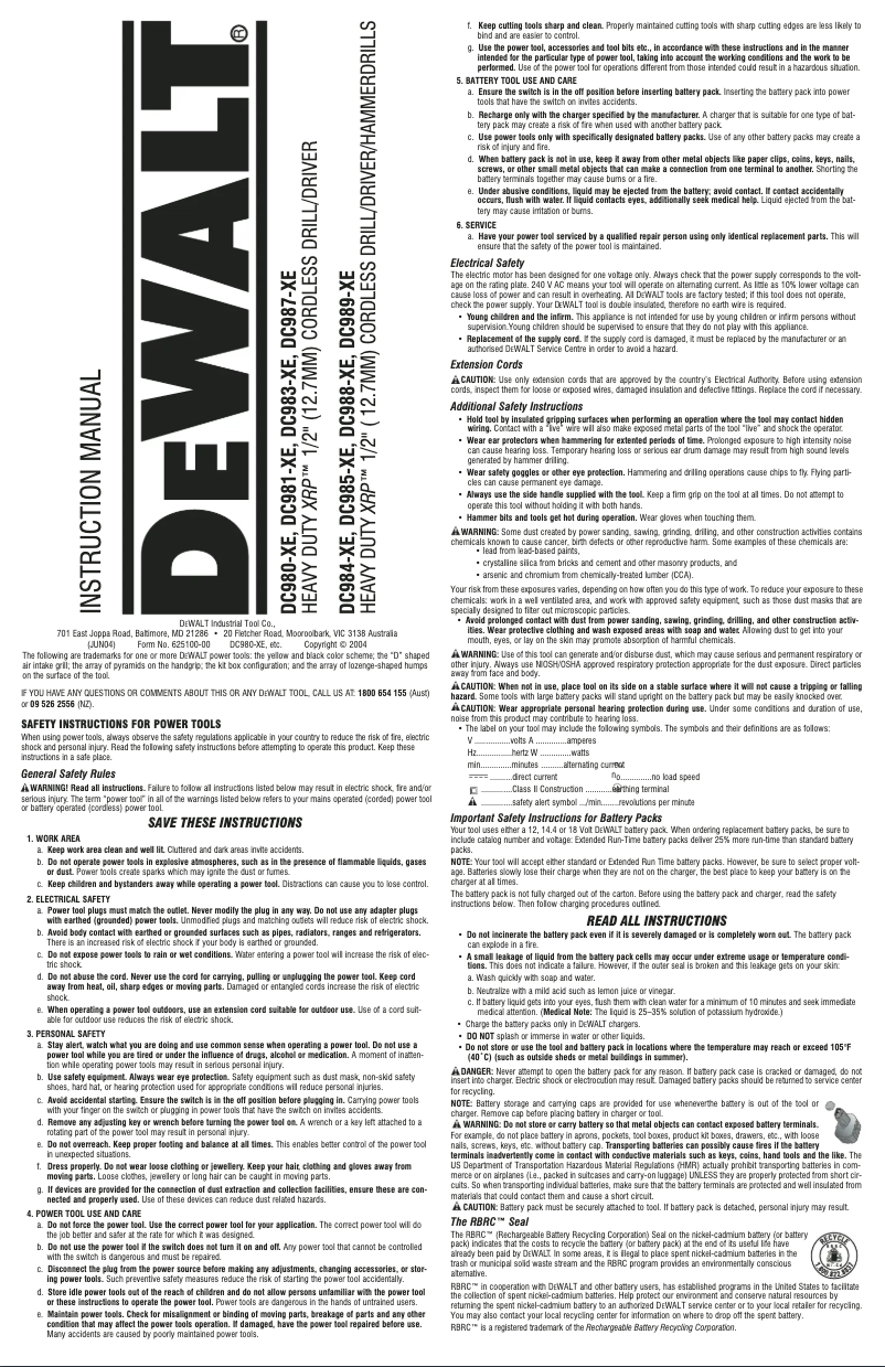 Page n°1 - Manuel utilisateur DeWalt DC987-XE