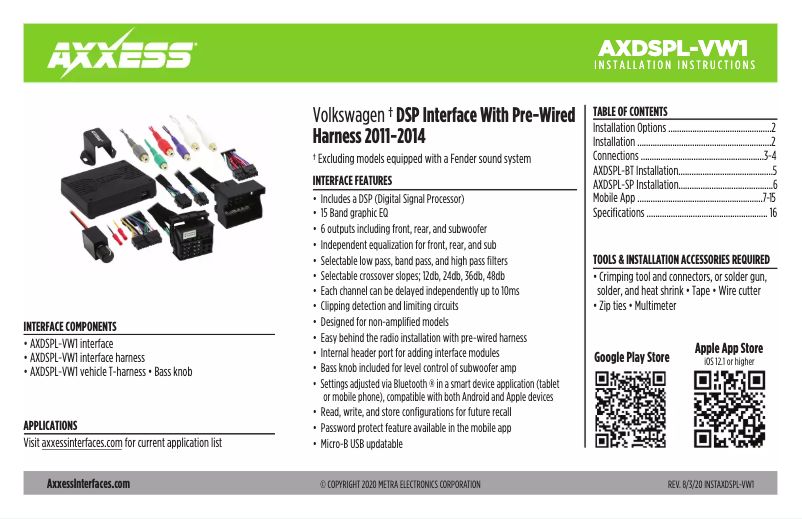 Page 1 de la notice Guide d'installation Metra AX-DSPL-VW1