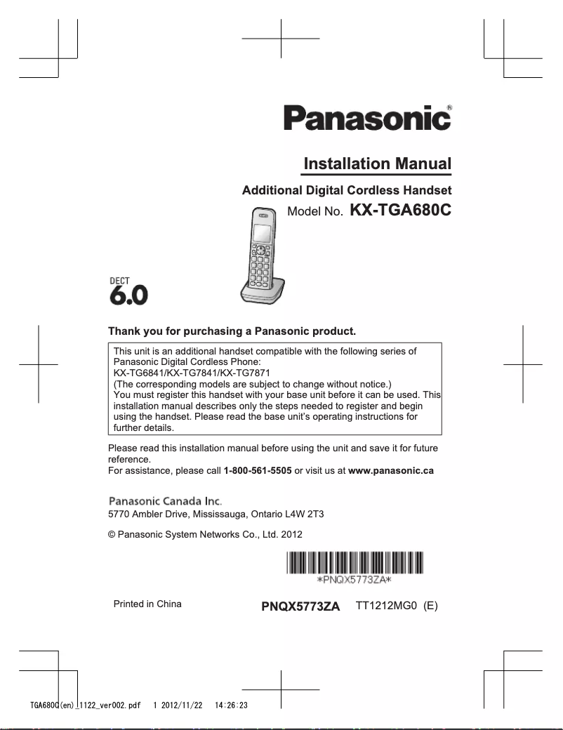 Page n°1 - Manuel utilisateur Panasonic KX-TGA680