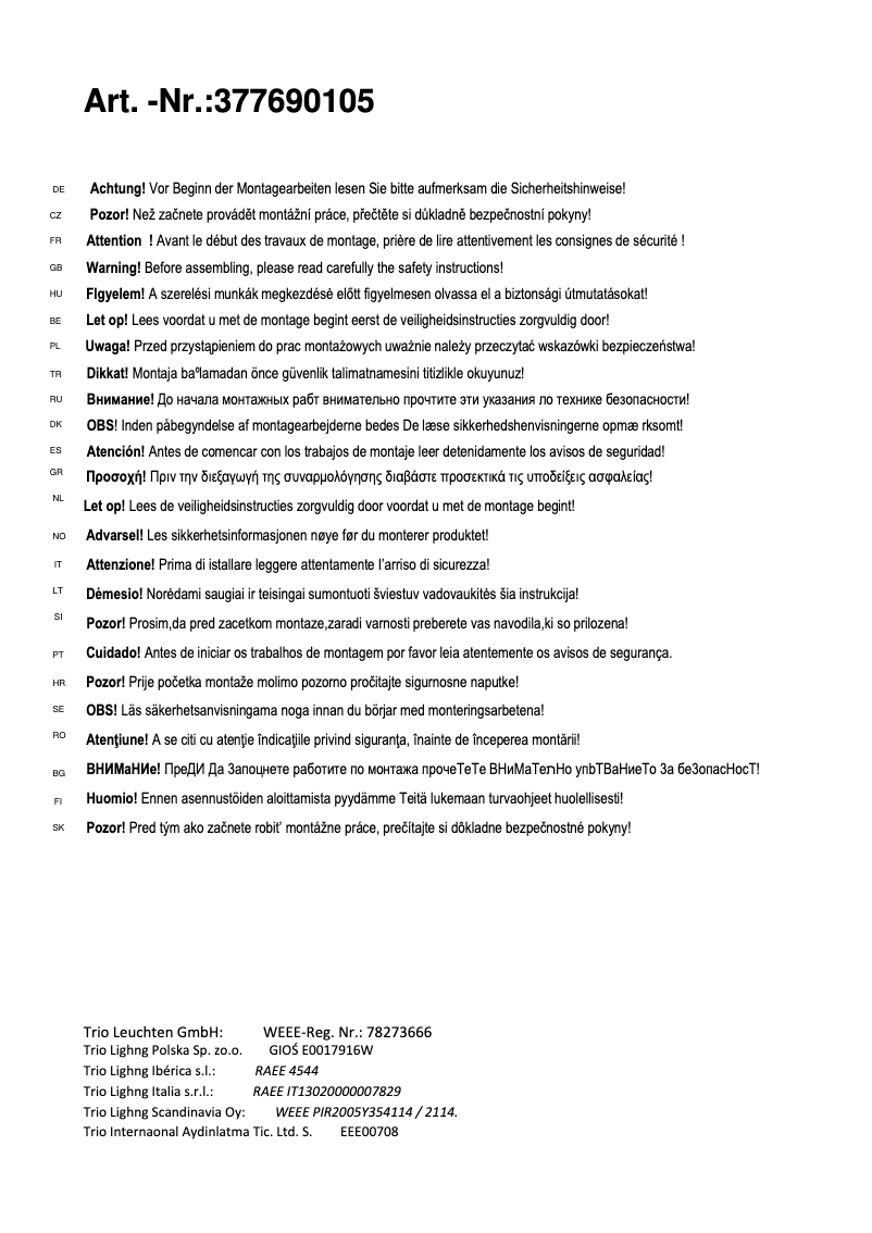 Page 1 de la notice Manuel utilisateur Trio Lighting Calvaro 377690105