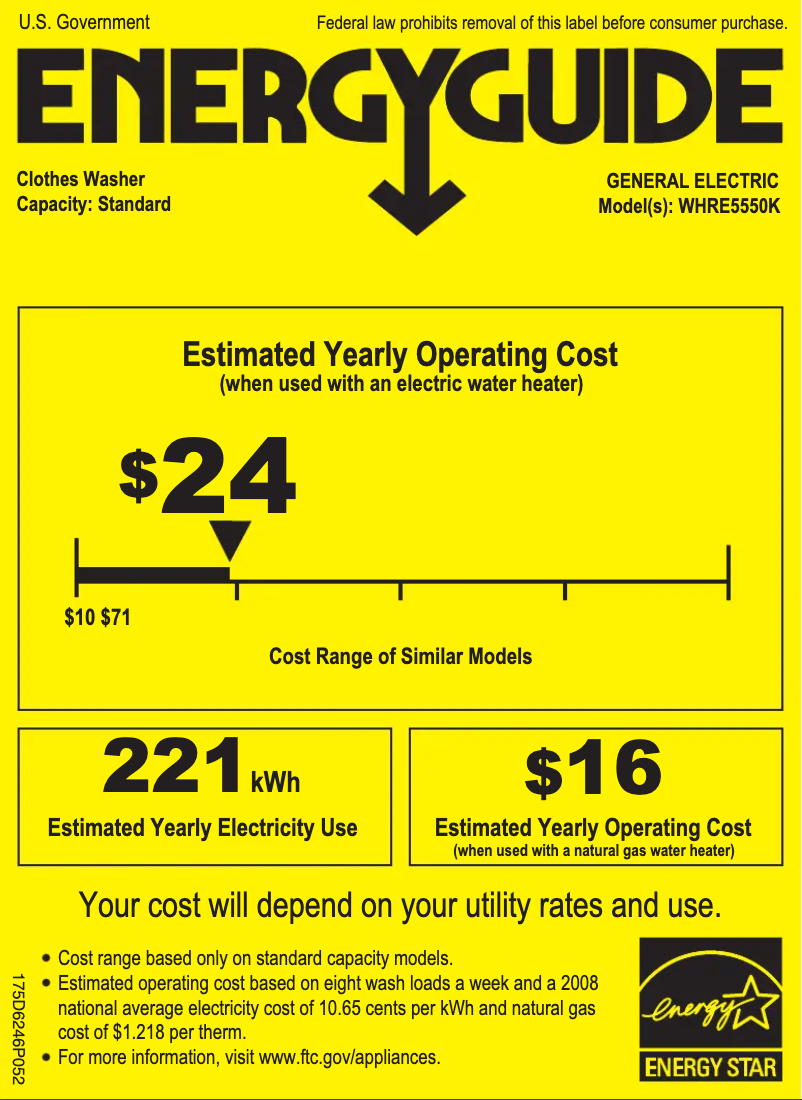 Page 1 de la notice Label énergétique GE WHRE5550KWW