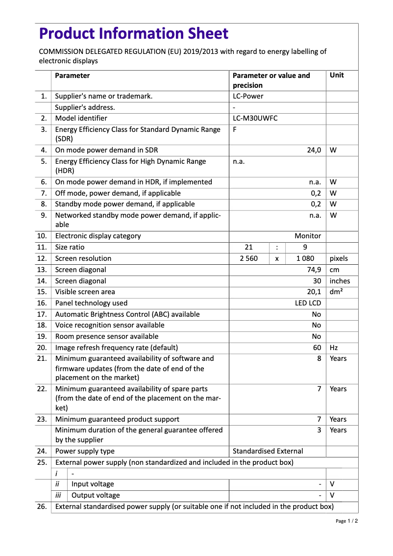 Page 1 de la notice Fiche technique LC-Power LC-M30UWFC