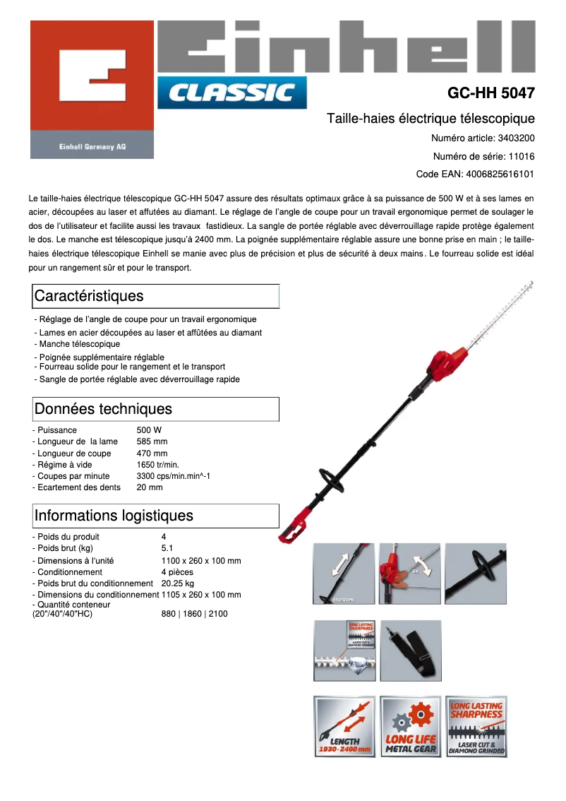 Page n°1 - Fiche technique Einhell GC-HH 5047
