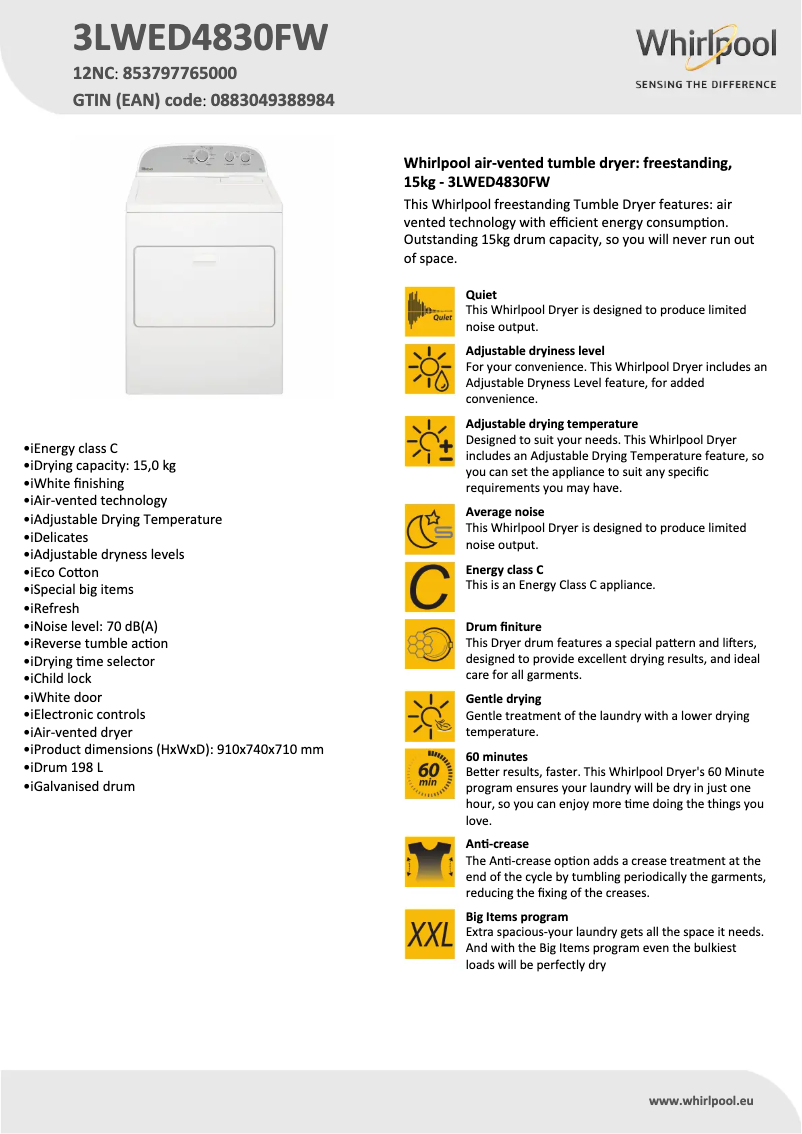 Page 1 de la notice Fiche technique Whirlpool 3LWED4830FW