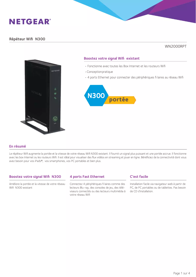 Page 1 de la notice Fiche technique Netgear WN2000RPTv3