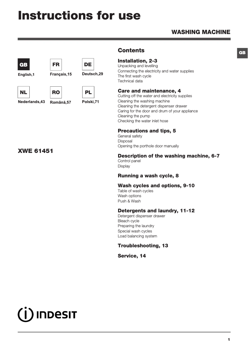 Imagen de la primera página del manual del dispositivo XWE61451WEU