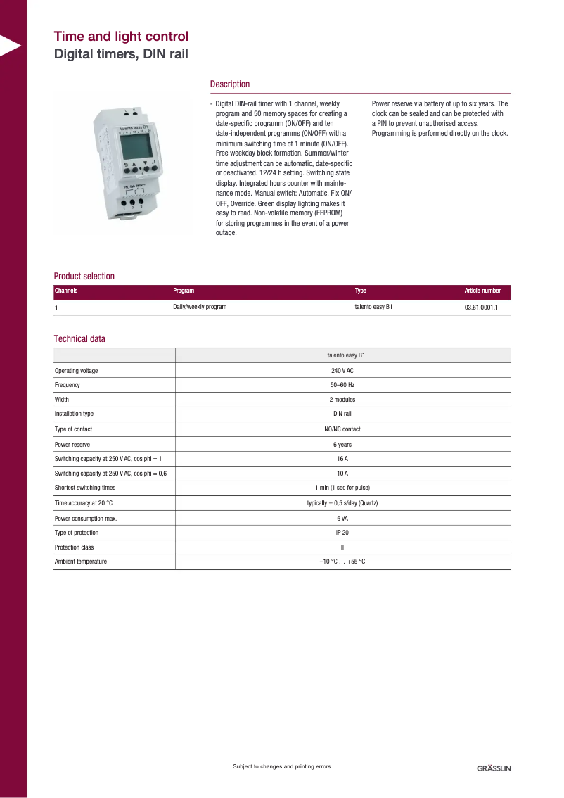 Page 1 de la notice Fiche technique Grässlin talento easy B1