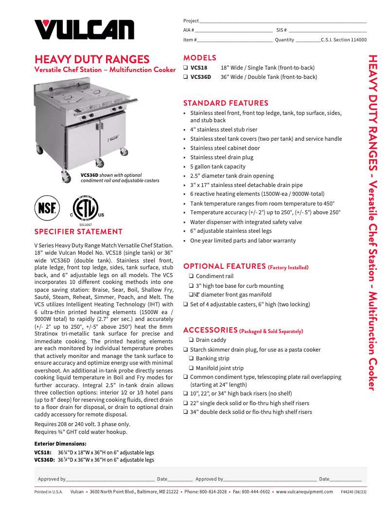 Page 1 de la notice Fiche technique Vulcan VCS18