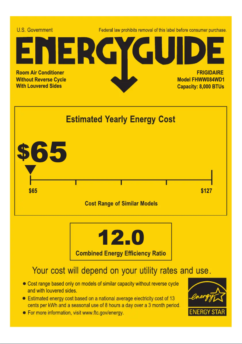 Page 1 de la notice Label énergétique Frigidaire FHWW084WD1