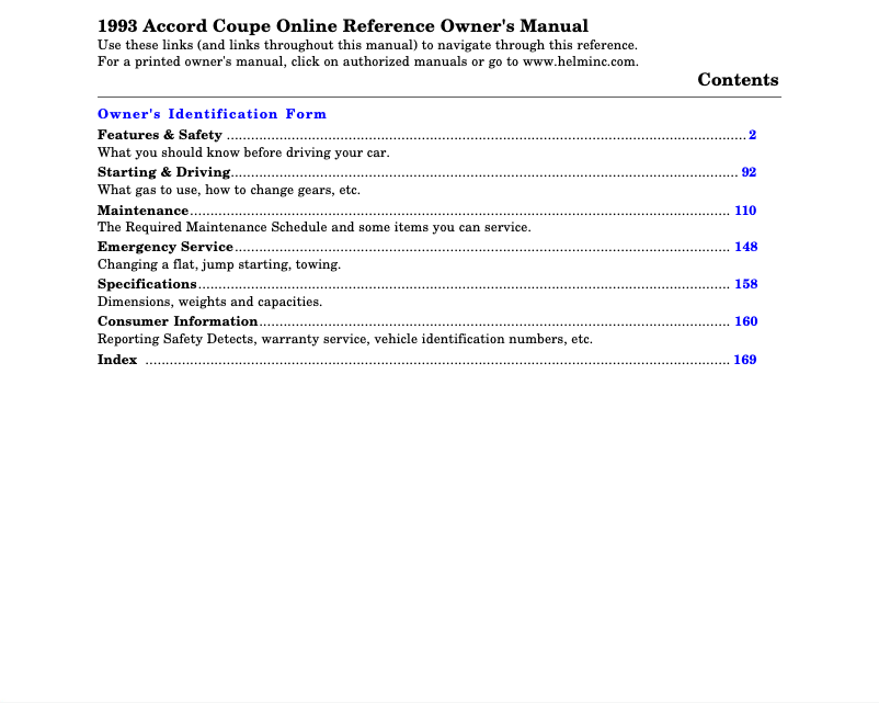 Image de la première page du manuel de l'appareil Accord Sedan (1993)