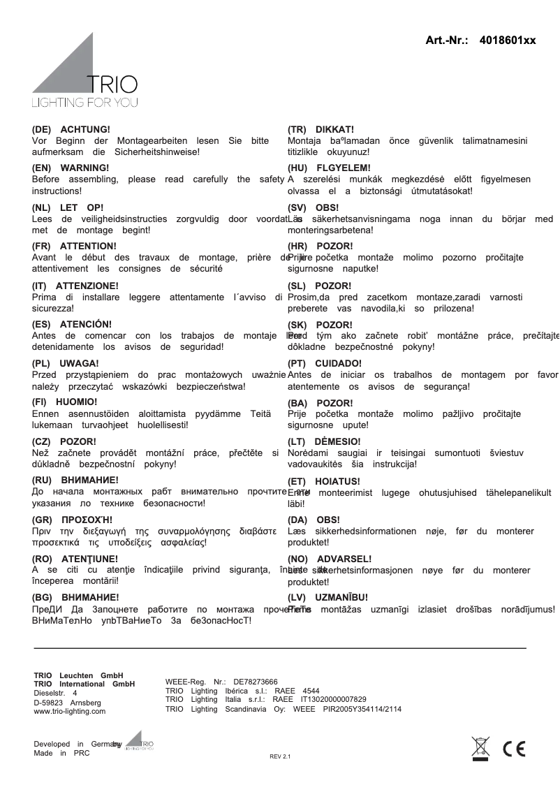 Page 1 de la notice Manuel utilisateur Trio Lighting Garonne 401860142