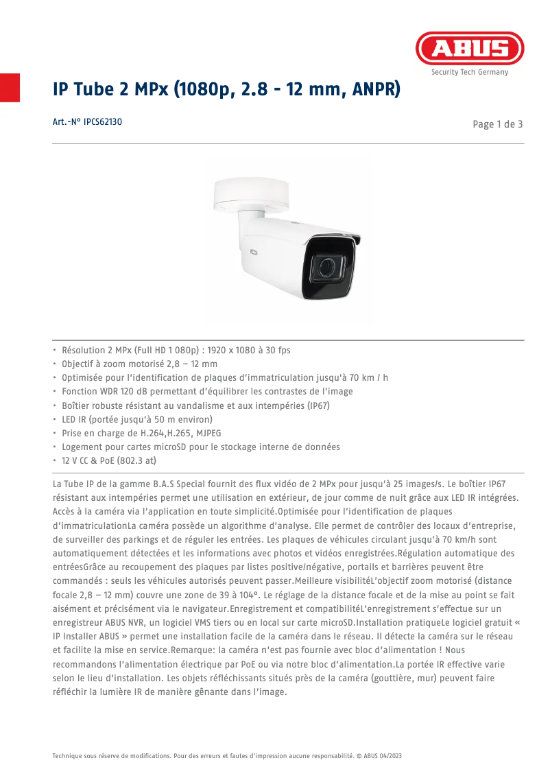 Imagen de la primera página del manual del dispositivo IPCS62130