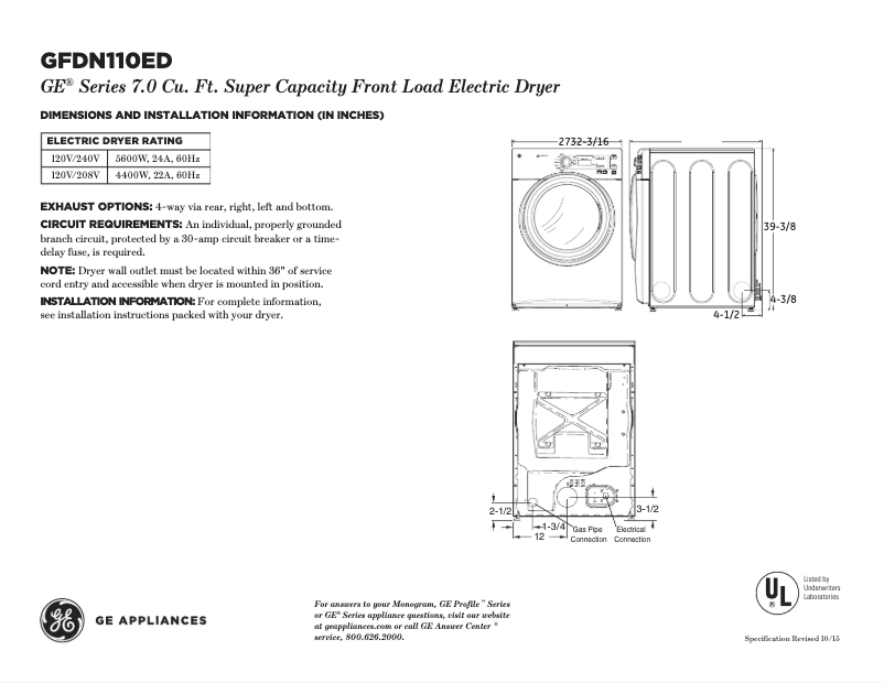 Page n°1 - Fiche technique GE GFDN110EDWW